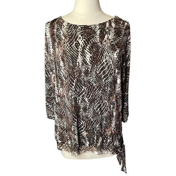 Chicos Travelers Brown Animal Print Tunic 3/4 Sleeve Blouse US Size 12 Capsule - Picture 1 of 7